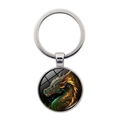 Silver metal keychain featuring a circular glass dome pendant with a dragon illustration - Artistic Dragon Illustration Style (XSWX8218-3)