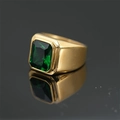 Anillo de sello retro con piedra esmeralda rectangular y banda dorada pulida - Banda de Oro Piedra Verde