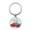 Porte-clés de Noël en métal argenté avec camion rouge vintage et motif de chien retriever - Style de Camion Rouge Grange de Noël et Golden Retriever (XSWX8224-6)