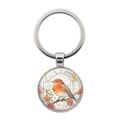 Detail showing hummingbird glass pendant keychain with red berries on silver metal ring - Robin with Red Berries (XSWX8211-3)