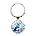 Detailed close-up of a silver keychain featuring a blue tit bird art glass pendant - Blue Tit (XSWX8211-2)