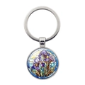 Detaillierte Nahaufnahme eines silbernen Schlüsselanhängers mit buntem Irisblumen-Design - Iris (XSWX8215-3)
