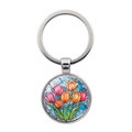 Makro-Detail des runden Metall-Schlüsselanhängers mit buntem Tulpen-Buntglas-Muster - Tulpe (XSWX8215-2)