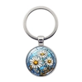 Nahaufnahme eines silbernen Schlüsselanhängers mit blauem Blumen-Glaskuppel-Anhänger - Weißes Gänseblümchen (XSWX8215-1)