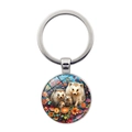 Porte-clés cabochon en verre famille hérisson avec motif floral sur métal argenté - Argenté