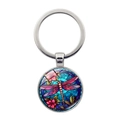 Detail of dragonfly pattern glass pendant keychain with polished silver metal ring - Blue Magenta Hand-drawn Dragonfly Style (XSWX8223-6)