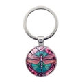 Artistic silver dragonfly keychain with colorful mosaic floral pattern pendant for bags - Pink Geometric Floral Dragonfly Style (XSWX8223-3)
