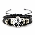 Multilayer leather bracelet with Yin Yang dragon pendant and braided cords in black - Black