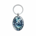Fantasy unicorn and fairy oval pendant keychain with silver metal ring and blue wing motif - Unicorn Fairy Pattern (XSWX8261)