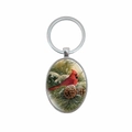 Ovaler silberner Schlüsselanhänger mit Roter Kardinal Vogel auf Kiefernzweig - Rotkardinal Stil (XSWX8295)