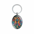 Porte-clés ovale avec motif de croix en vitrail et fleurs colorées sur anneau argent - Style Fleur de Croix Multicolore (XSWX8325)