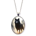 Vintage oval lone wolf pendant necklace with silver chain on white background - Black Wolf Style (XSWX8361)