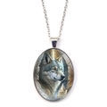 Men's vintage wolf oval pendant necklace with a detailed fantasy art wolf illustration - Realistic Wolf Head Painting Style (XSWX8374)