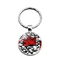 Detailed close-up of Canada flag metal keychain with red maple leaf and silver alloy ring - Pebble Pattern Base (XSWX8417-9)