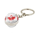 Close-up of Canada flag keychain with maple leaf design and polished silver metal ring - Diagonal Worn Style (XSWX8418-8)