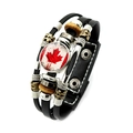 Detail view of multi-layer leather bracelet with Canada flag snap button and vintage beads - Red Maple Leaf Flag Graphic Style (XSWX8426-12)