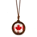 Detail of a vintage wooden necklace featuring a Canadian flag maple leaf pendant on white back - Retro Craft Maple Leaf Pendant (XSWX8428-12)