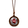Detailed macro view of wood pendant necklace with Canadian flag maple leaf design - Canada Text Maple Leaf Style (XSWX8428-11)