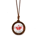 Close-up of wooden pendant with Canada flag maple leaf on a brown wax cord necklace - Ethnic Style Maple Leaf Pendant (XSWX8428-8)