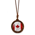 Vintage wood pendant necklace featuring Canada flag glass dome with brown cord - Standard Maple Leaf Flag Style (XSWX8428-1)