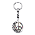 Close-up of crescent moon pendant with colorful butterfly peace sign on silver keychain - Artistic Butterfly Peace Sign (XSWX5768-10)