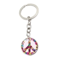 Close-up of peace sign keychain featuring a colorful floral daisy pattern under glass - Daisy Floral (XSWX5772-6)