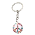 Detailed close-up of a silver peace sign keychain with a colorful floral pattern inlay - Floral Peace Sign (XSWX5772-5)