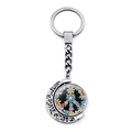 Silver crescent moon keychain with rotating peace sign floral pendant and metal ring - Colorful Floral Pattern (XSWX5768-4)
