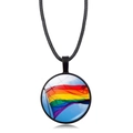 Detail of round pendant with LGBTQ rainbow flag design on a black leather cord - Blue Sky Rainbow Flag Pattern (Style-39)