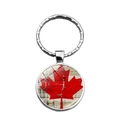 Silver Canada flag keychain with vintage maple leaf pendant and glass dome - Artistic Texture Style (XSWX8417-4)