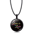 Macro shot of circular pendant with Love is Love rainbow text and black woven cord - "Love is Love" Rainbow Text (Style 38)