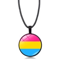 Pansexual pride heart necklace with round glass pendant on a black leather cord - Pansexual Flag Pattern (Style 4)