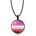 Lesbian Pride rainbow heart round pendant necklace with a black braided leather cord - Lesbian Pride Flag Pattern (Style-5)