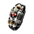 Black multilayer leather bracelet with Canada flag glass cabochon and metal beads - Punk Style Mixed Material Beaded Style (XSWX8426-5)