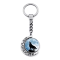 Rotating wolf howling at the moon metal keychain with silver crescent moon pendant - Light Blue Moon Shadow Wolf (XSWX8432-15)