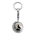 Howling wolf moon keychain with rotating glass pendant on silver hollow metal ring - Cream Moon Wolf (XSWX8432-13)