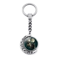 Rotating moon howling wolf pendant keychain in silver alloy with celestial art charm - Dark Blue Triple Wolves (XSWX8432-17)