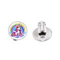 Detail of clip-on unicorn earrings for kids featuring rainbow and heart patterns - Rainbow Heart Unicorn Style (XSWX8451-6)