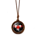 Vintage round wooden necklace featuring a Canada flag glass dome pendant with cord - Artistic Maple Leaf Flag Design (XSWX8428-5)