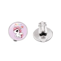 Detailed view of pink cartoon unicorn clip-on earrings with polished metal backing - Pink Cute Unicorn Style (XSWX8451-3)
