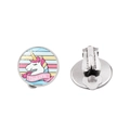 Detail view of cartoon unicorn clip-on earrings with rainbow background for kids - Pink Ribbon Unicorn Style (XSWX8451-2)