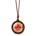 Vintage round wooden necklace with Canada flag maple leaf glass dome and woven cord - Retro Texture Red Maple Leaf (XSWX8428-7)