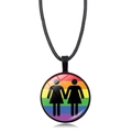 Rainbow LGBT necklace with circular pendant and female silhouettes on black cord - Two Women Holding Hands Silhouette (Style-16)