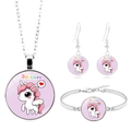Detail of silver unicorn jewelry set featuring glass dome pendants and colorful charms - Pink Background Sleeping Unicorn (XSWX8450-3)