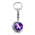 Detail of silver crescent moon keychain featuring a purple cartoon unicorn glass cabochon - Running Purple Mane Unicorn Style (XSWX8449-12)
