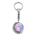 Detail of metal unicorn keychain with a crescent moon frame and colorful cartoon Pegasus - Dreamy Unicorn Blue Rainbow Style (XSWX8449-8)