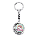 Rotating moon keychain with cartoon unicorn pendant made of silver polished metal alloy - Fairy Tale Painted Unicorn Style (XSWX8449-11)