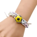 Detail of hand-woven colorful sports bracelet featuring a yellow soccer ball snap button - Yellow Football Pattern on White Background (XSWX8455-White-1)