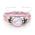 Detailed view of pink braided leather bracelet with cartoon unicorn glass dome charm - Cartoon Unicorn Style 1 (XSWX8446-1)