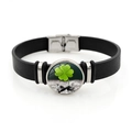 Minimalist black leather clover bracelet with green shamrock glass dome and metal buckle - Lucky Shamrock Style 3 (XSWX8460-3)